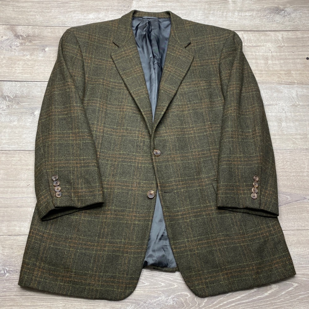 Hickey Freeman Sport Coat Mens 44L Olive Green Windowpane Wool Blazer Paul Simon